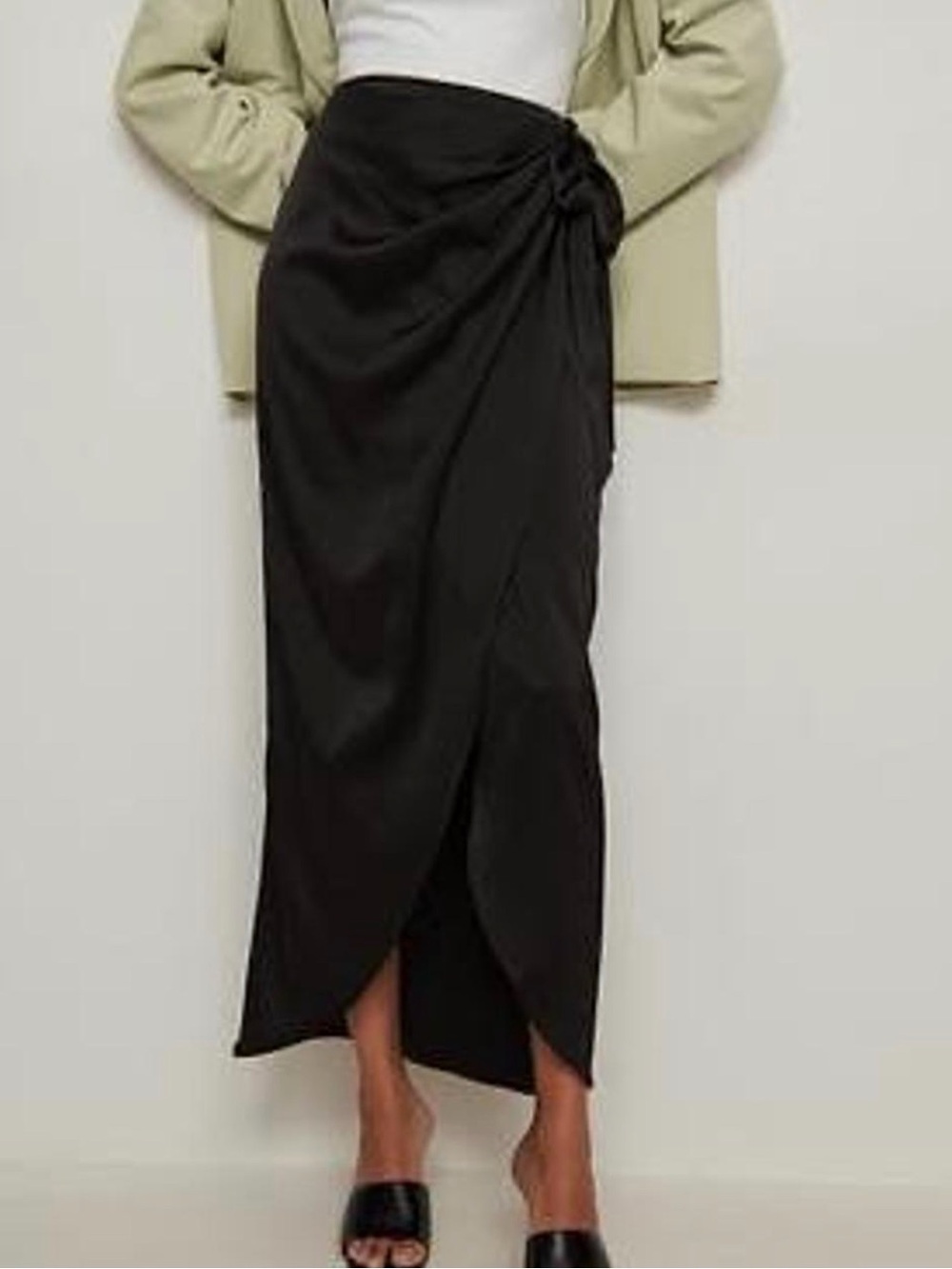 Black Wrap-Front Satin Maxi Skirt